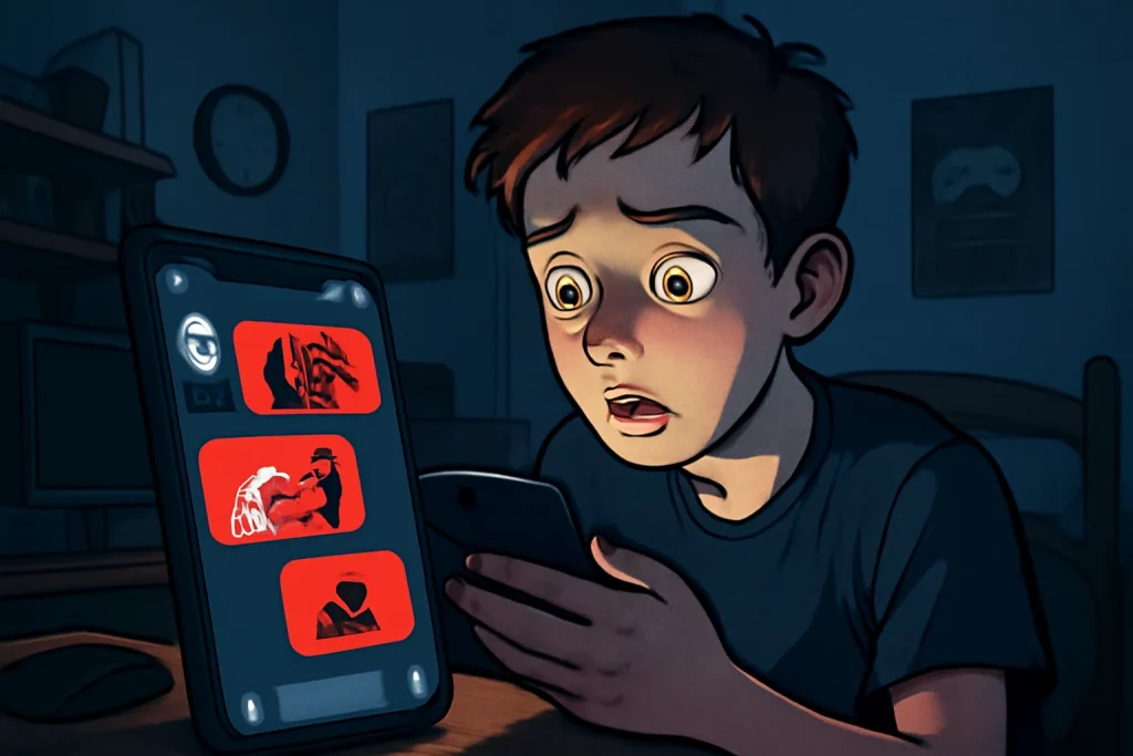 Imagem de adolescentes em uma sala observando uma tela de chat violenta, destacando o alerta 42 jovens usam IA como companhia