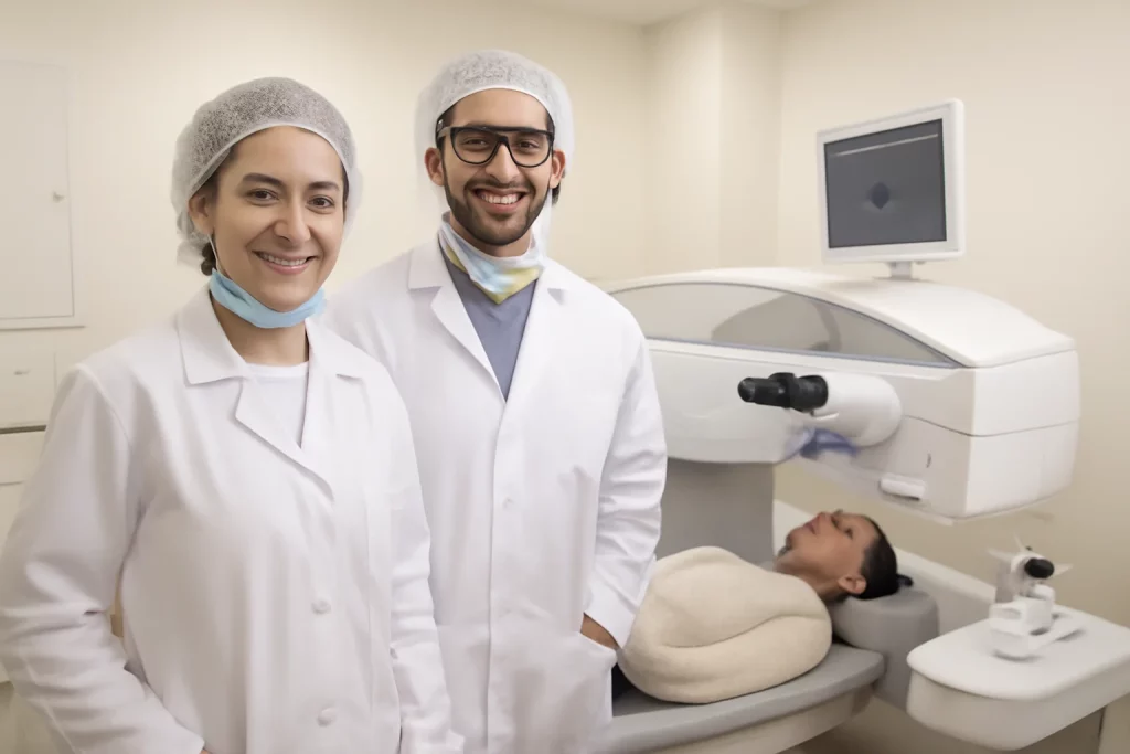 Clínica oftalmológica moderna em Israel com médicos em cirurgia e paciente, simbolizando a revolução medicina israel realiza