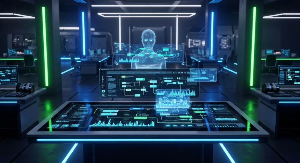 Ambiente futurista de laboratório com console exibindo fluxo de trabalho e avatar de IA, promovendo curso gratuito n8n crie