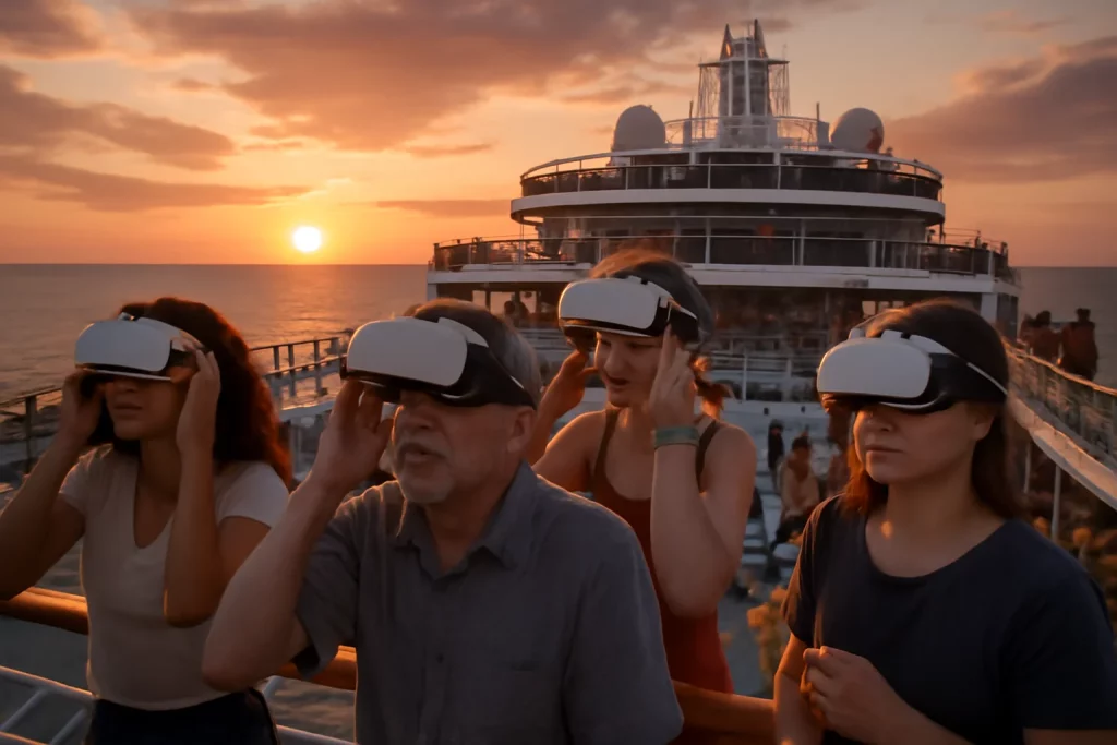 Óculos com IA em Cruzeiros: A Novidade que Traz Dilemas de Privacidade e Segurança Passageiros usando óculos IA em cruzeiro ao entardecer, explorando tecnologia inovadora no mar