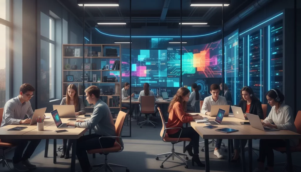 Imagem horizontal de uma sala de estudo moderna com jovens usando laptops e tablets, ambientes de escritório vibrantes e tecnológicos.
