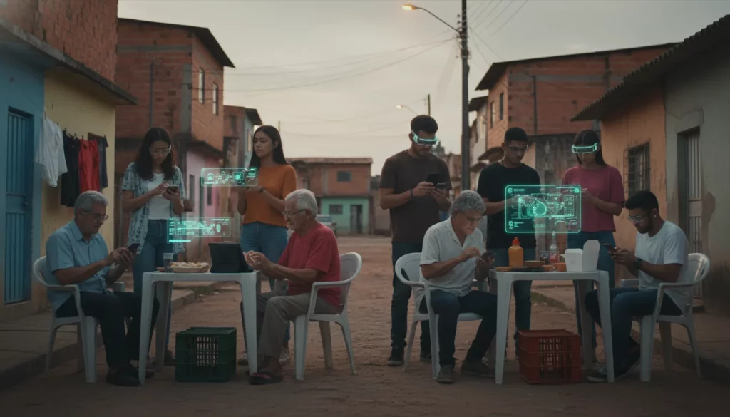 Cena ao ar livre em bairro periférico brasileiro com idosos usando smartphones e tablets, contrastando com jovens conectados a dispositivos modernos, mostrando disparidade digital.