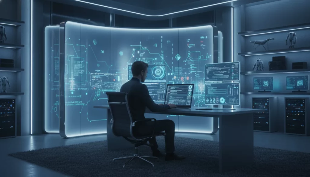 Imagem de uma sala moderna com uma pessoa usando laptop com telas de código e gráficos, fundo tecnológico com tons de azul e cinza