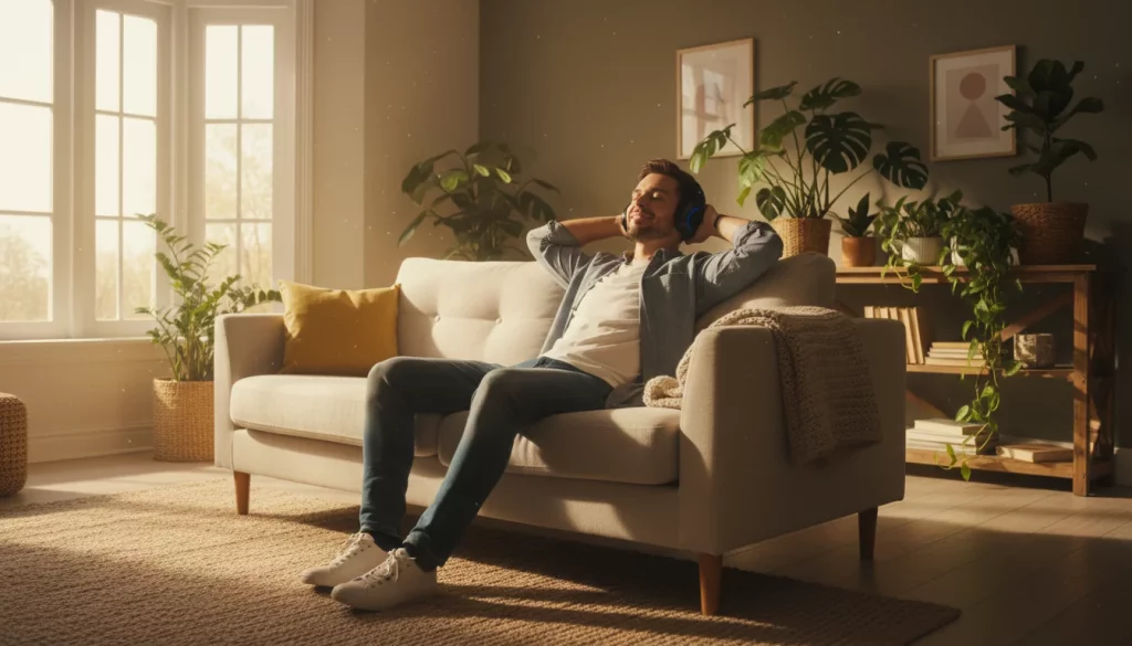 Jovem adulto em sala de estar bem iluminada usando headset, expressando alívio e otimismo, com plantas ao fundo
